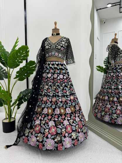 KIRAN - Black Floral Georgette Lehenga