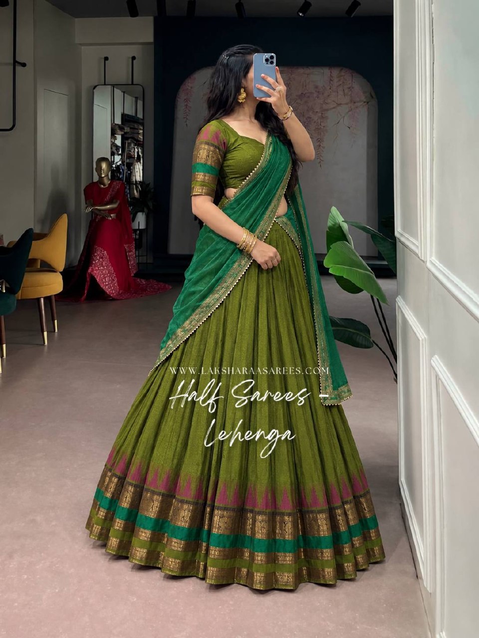 Laksharaa Sarees NARMADHA — Cotton Zari Half Saree Lehenga Olive Green