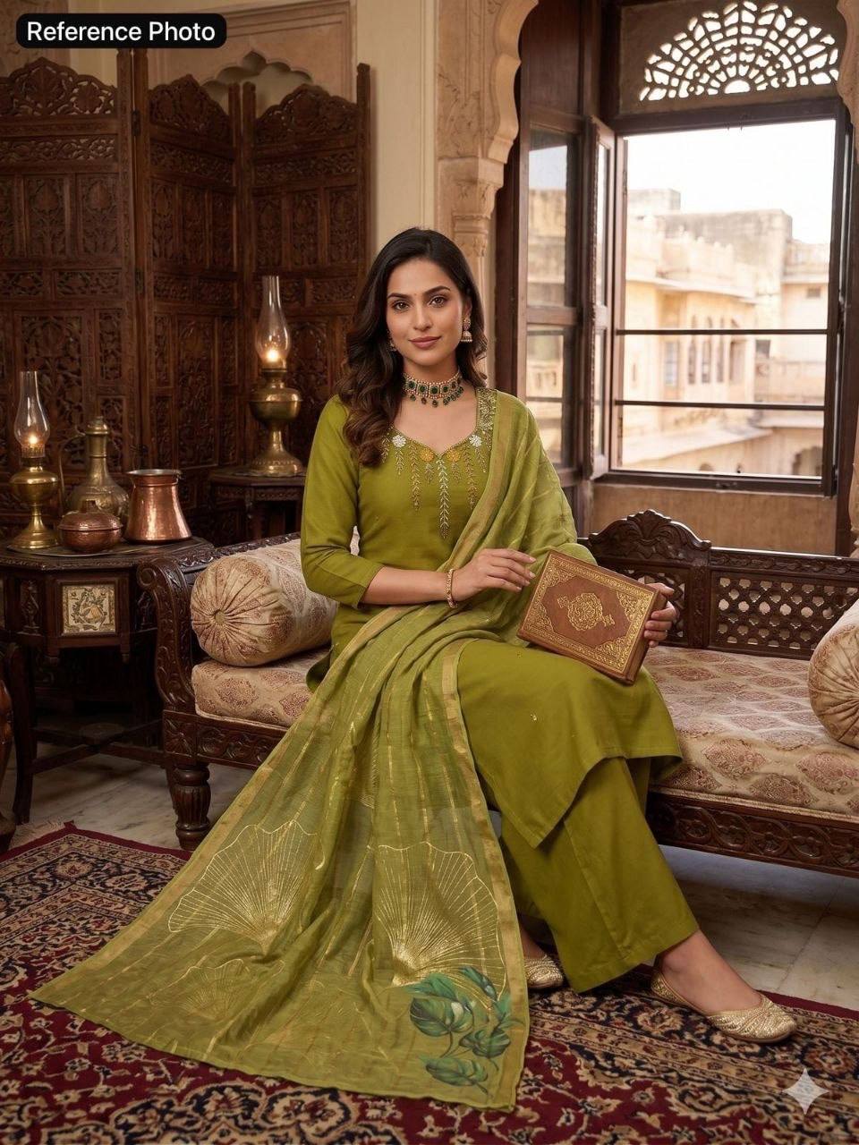 Laksharaa Sarees Green Mul Chanderi Kurti Suit Parrot Green