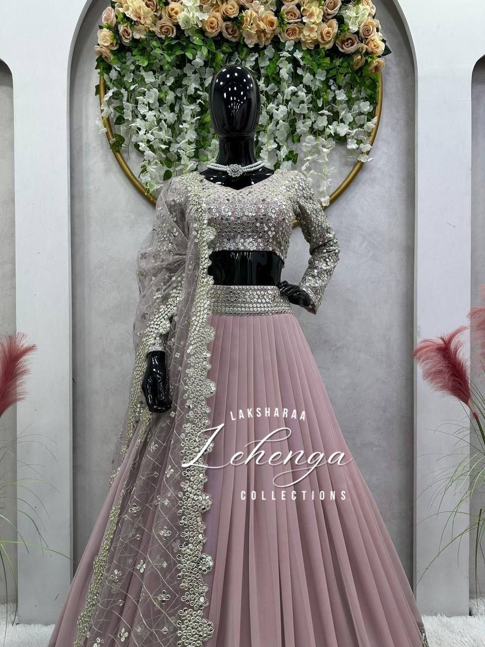 SAVITAA - Mauve Pink x Silver Georgette Lehenga with Stunning Duppata