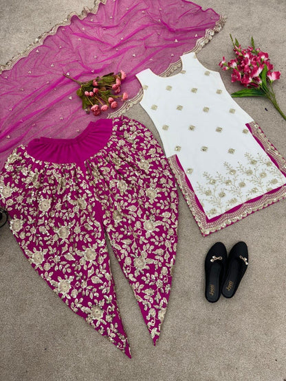 White x Dark Pink Dhoti Suit