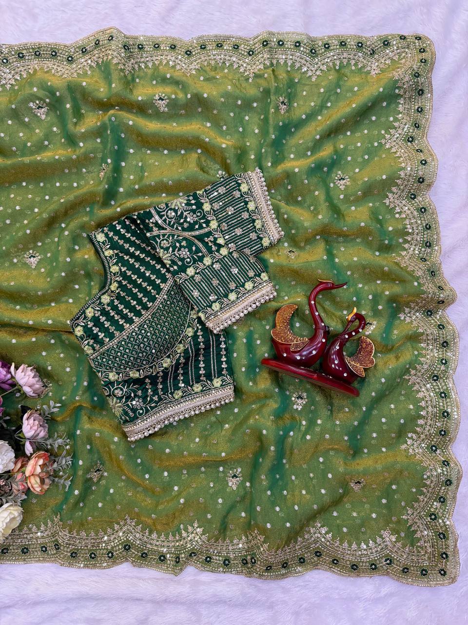 Laksharaa Sarees ZOELLA Grand zari Shimmer Saree Olive Green with Forest Green Blouse