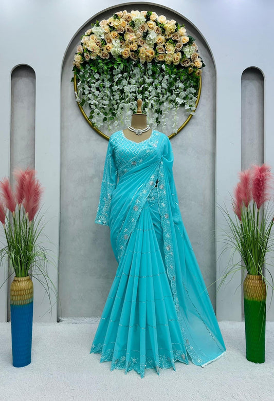 Arya Turqouise Blue Partywear Georgette Saree