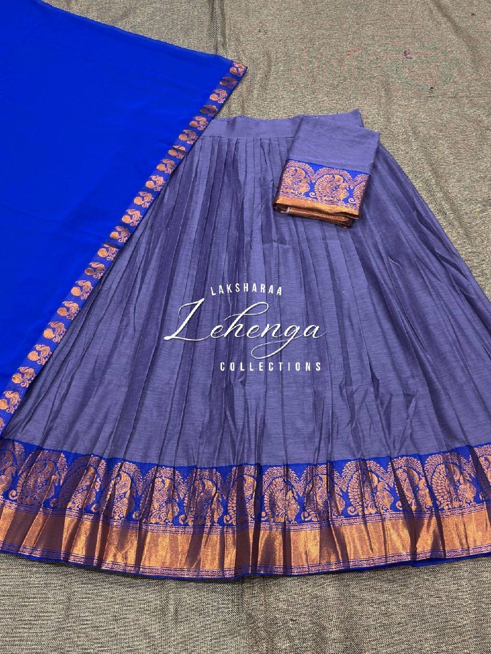 Laksharaa Sarees VAISHALI - Kanchi Cotton Half Sarees Lehenga Lavender with blue and copper peacock border