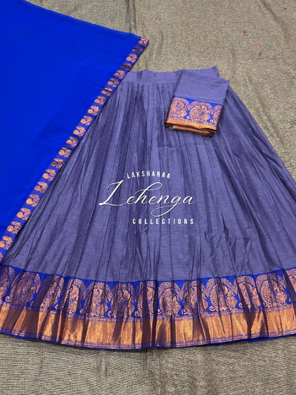 Laksharaa Sarees VAISHALI - Kanchi Cotton Half Sarees Lehenga Lavender with blue and copper peacock border