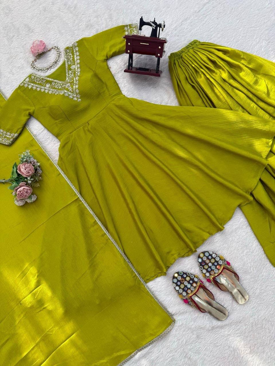 Laksharaa Sarees Chinnon Silk Peplum Suit Lime Green