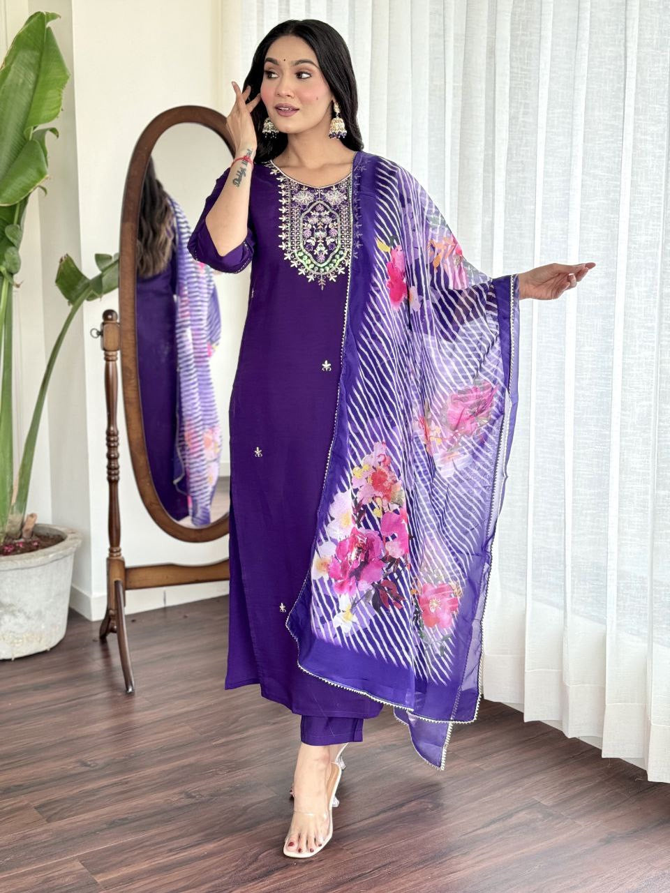 Premium Purple Kurti Set with Grand Neckline