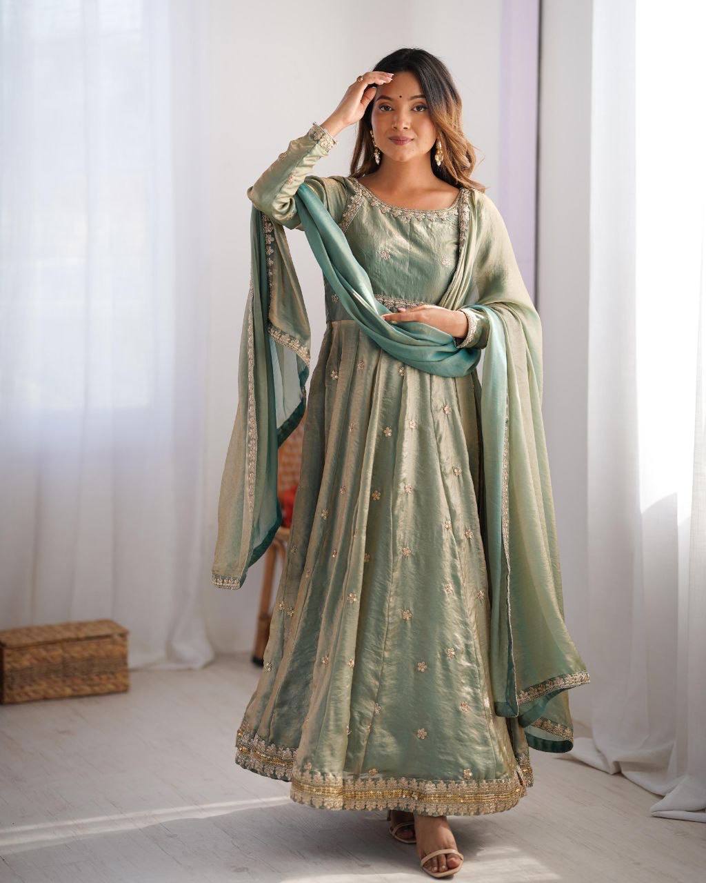 Laksharaa Sarees MIYAA — shimmer silk Anarkali suit Sage Green