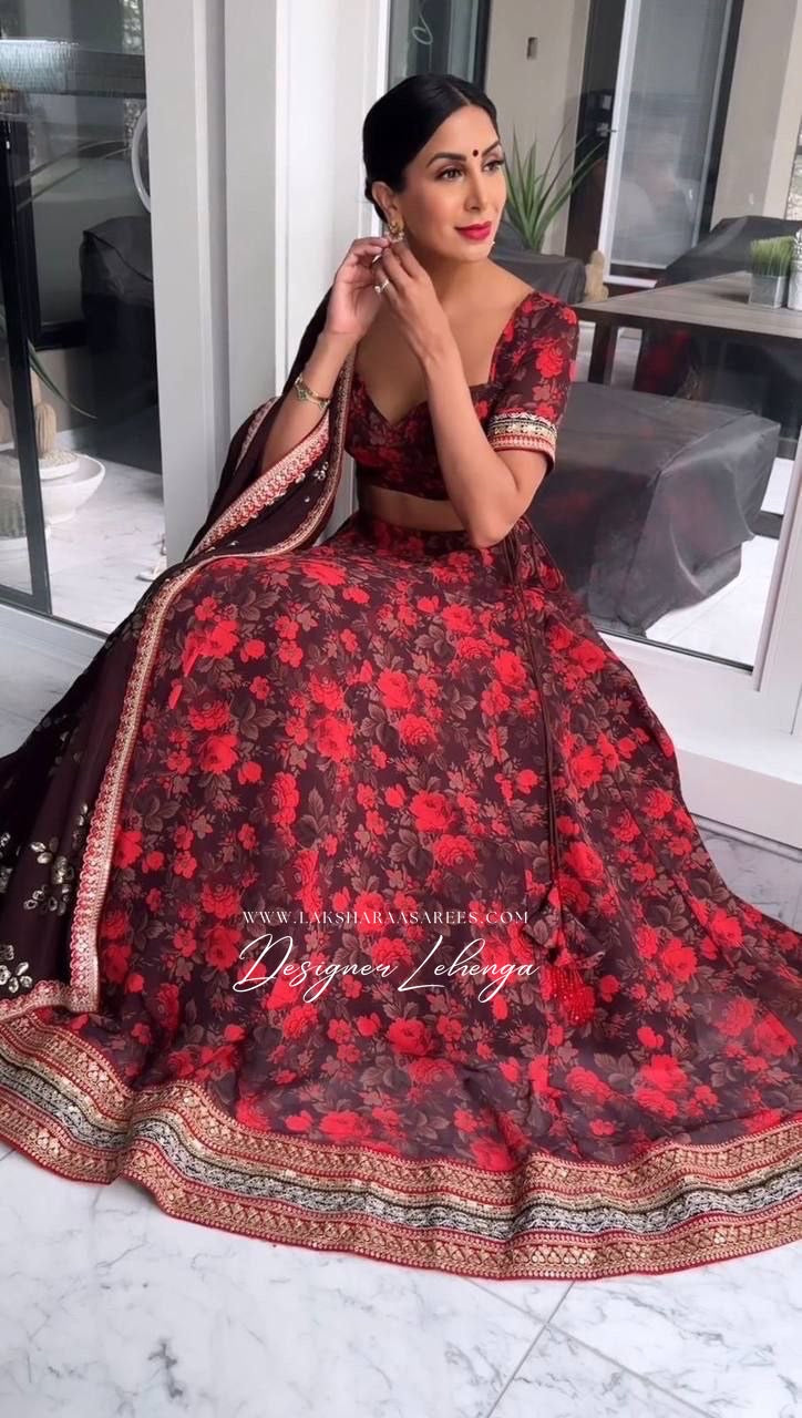 Maroon x Red Floral Georgette Lehenga