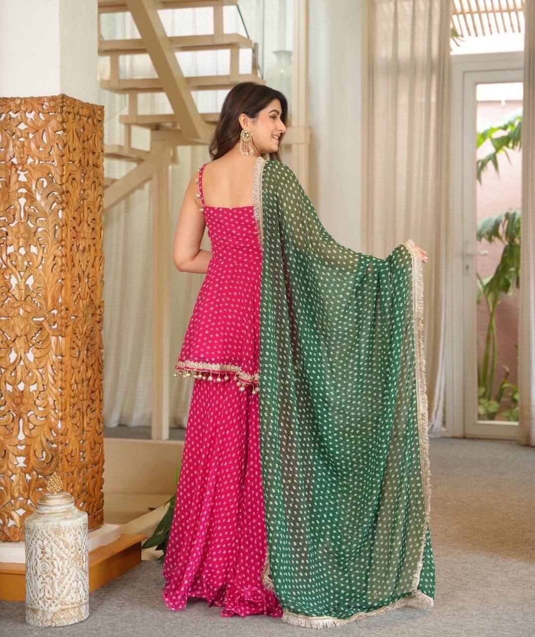 Laksharaa Sarees HANI bandhani print Sharara suit Hot Pink Model Wearing Back