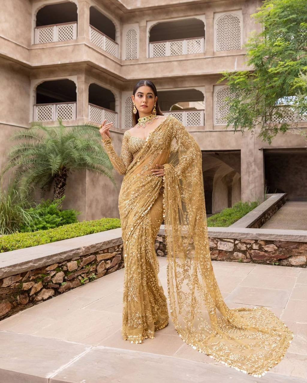 SOPHIA - Gold Partywear Sequinned Saree