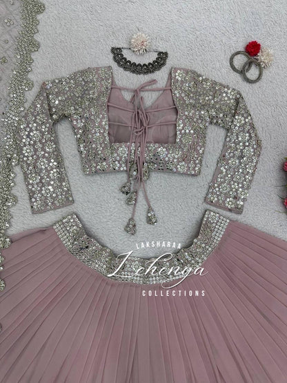 SAVITAA - Mauve Pink x Silver Georgette Lehenga with Stunning Duppata