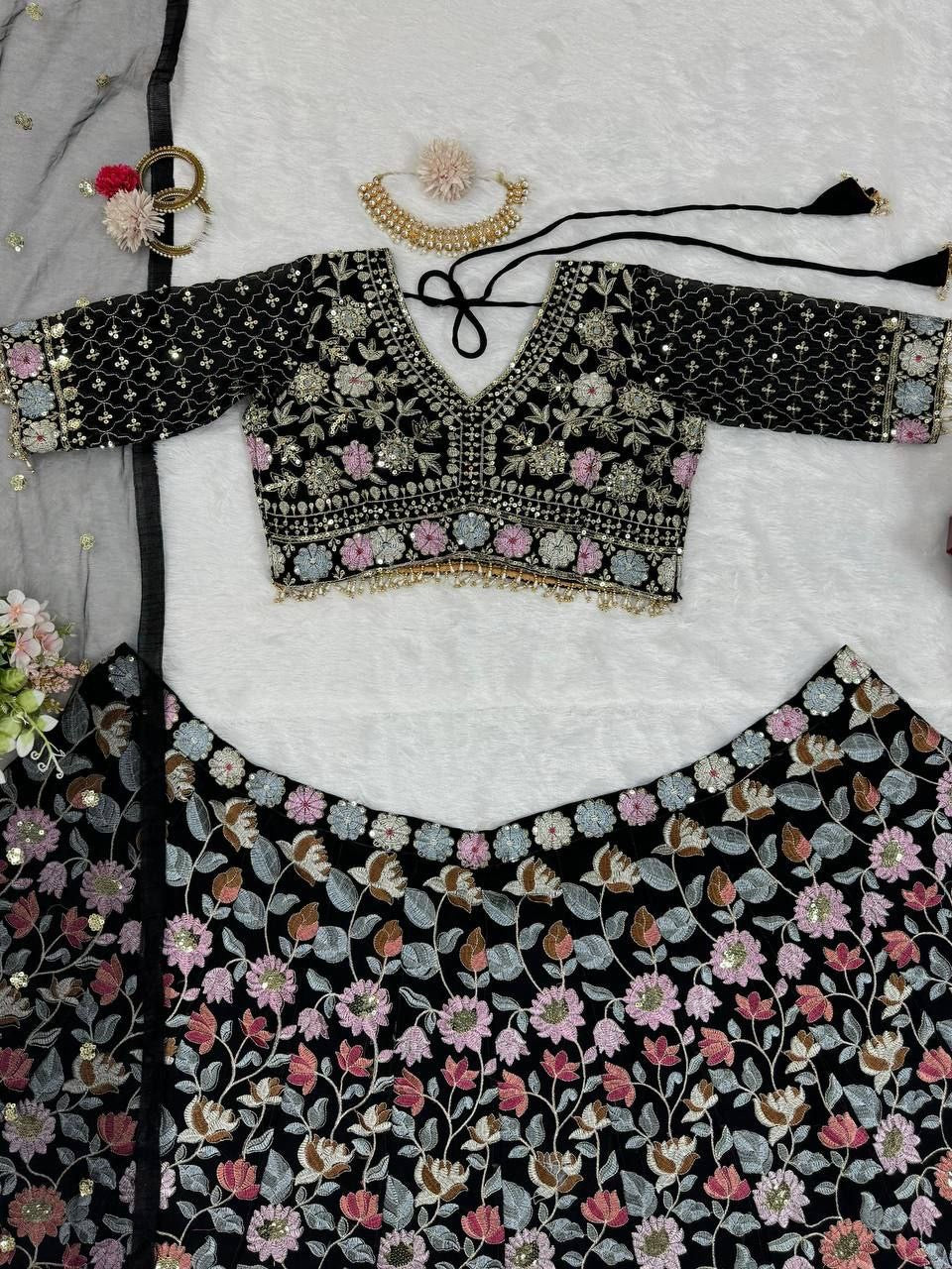 KIRAN - Black Floral Georgette Lehenga