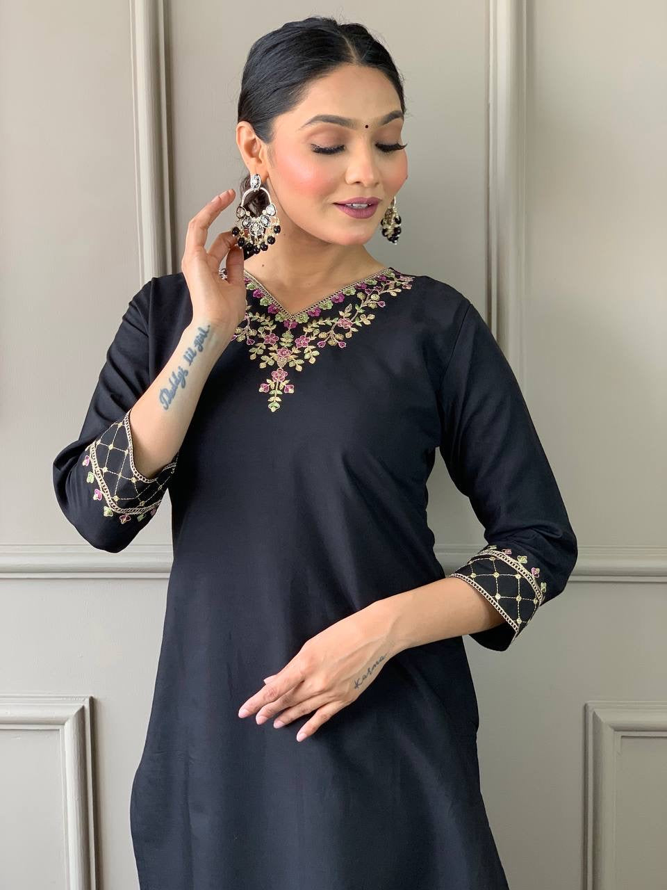 Premium Black x Purple Kurti Set with Grand Neckline