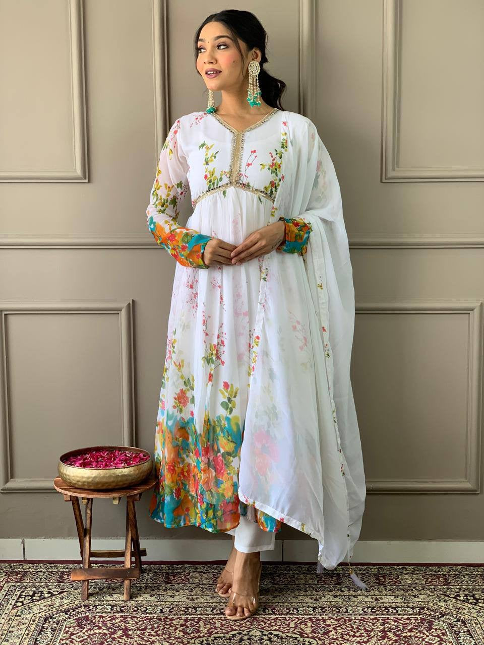 White x Floral Alia Cut Kurti Set