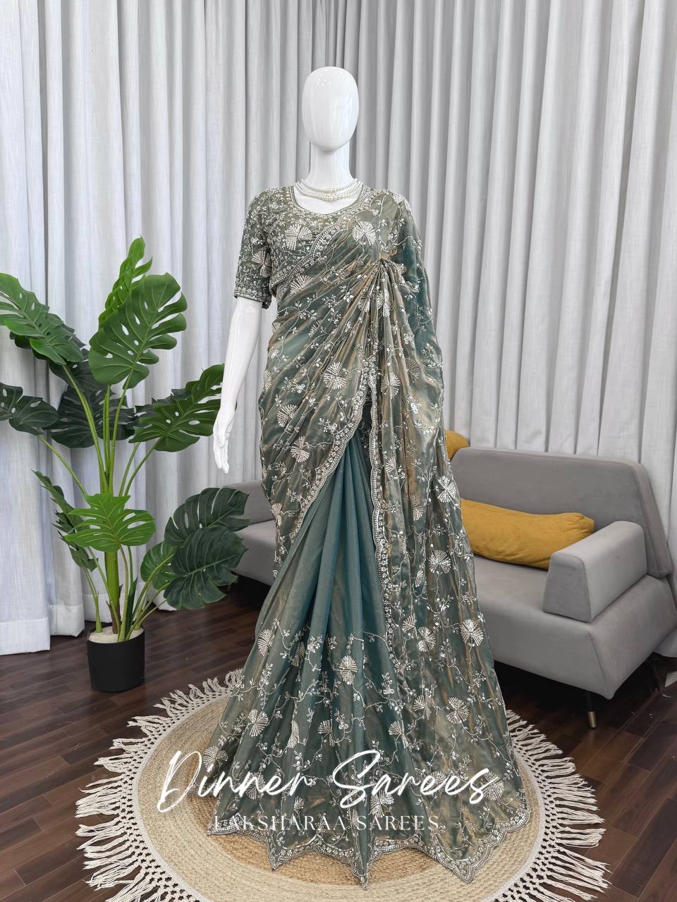 Laksharaa Sarees MERLIN Grey Shimmer Partywear Saree with sequin work on mannequin