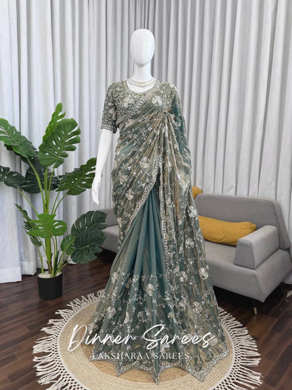 Laksharaa Sarees MERLIN Grey Shimmer Partywear Saree with sequin work on mannequin