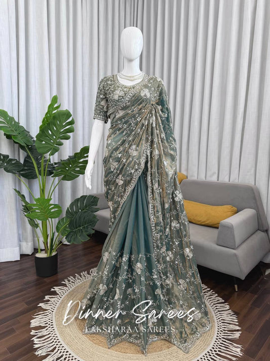 Laksharaa Sarees MERLIN Grey Shimmer Partywear Saree with sequin work on mannequin