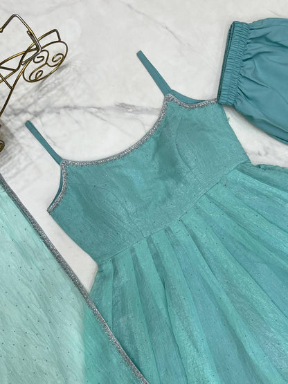 Laksharaa Sarees SILVIA — crunchy silk Anarkali Aqua Flat Lay Components