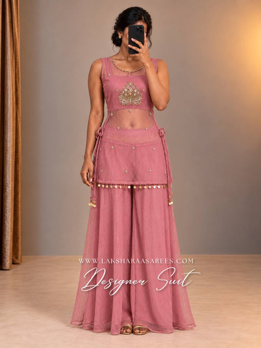 Laksharaa Sarees Cute Pink Pallazo Suit worn by model, front view