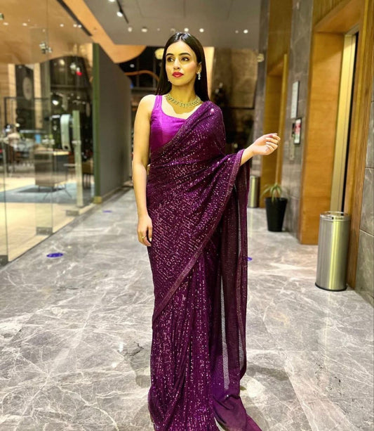 SAJNII - Purple Partywear Sequinned Saree