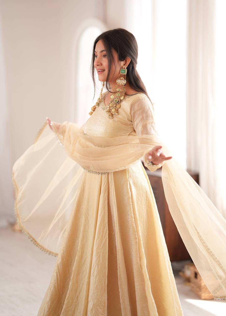 Laksharaa Sarees SANRIA - Premium Crush Silk Anarkali Suit Champagne