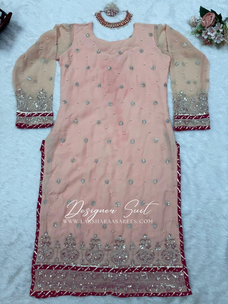 MAVISHA — Peach x Maroon Premium Pallazo Designer Suit