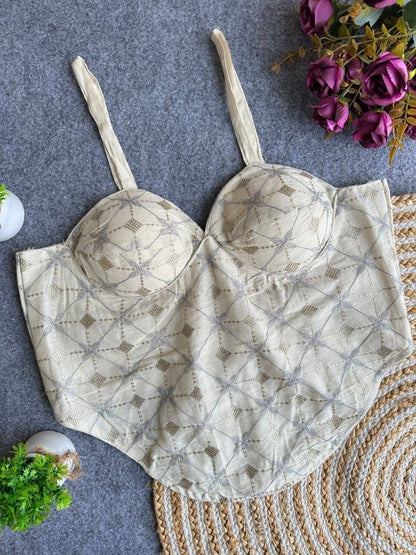 Laksharaa Sarees Khadi Cotton Corset Blouse Off-White with Silver Geometric Embroidery