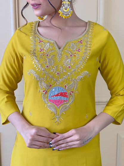 Premium Mustard Kurti Set with Grand Neckline