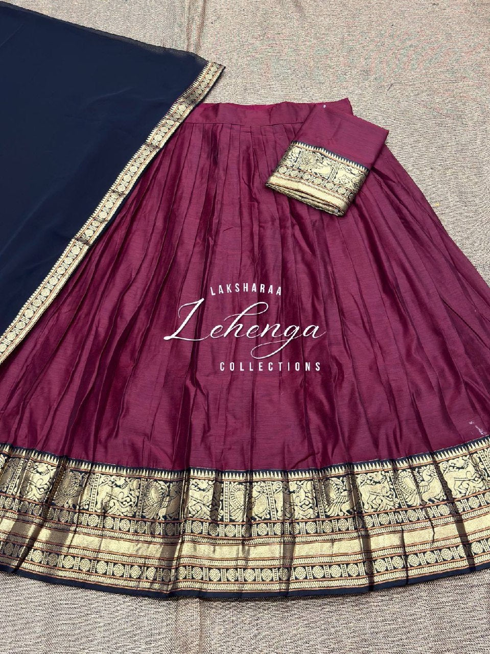 Laksharaa Sarees VAISHALI - Kanchi Cotton Half Sarees Lehenga Burgundy with black and gold elephant border