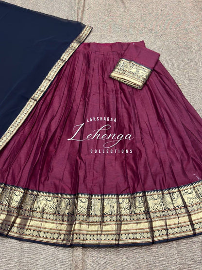 Laksharaa Sarees VAISHALI - Kanchi Cotton Half Sarees Lehenga Burgundy with black and gold elephant border