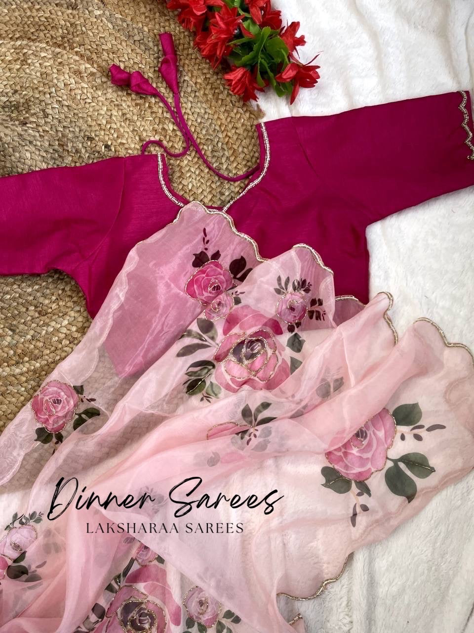 Pink Rose Organza Saree paired with Readymade Blouse 🌹