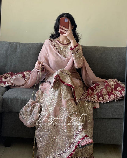 MAVISHA — Peach x Maroon Premium Pallazo Designer Suit