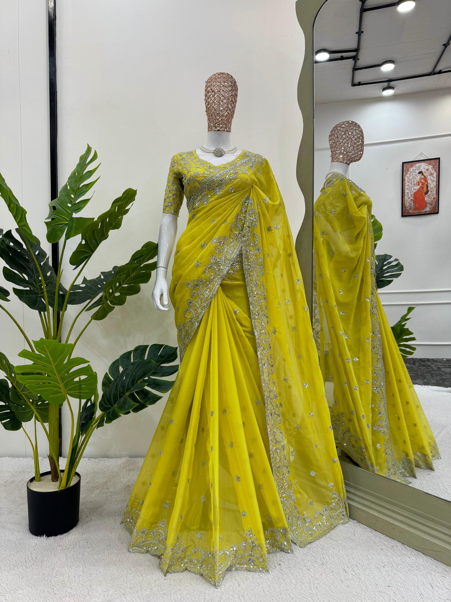 Lemon Green Georgette Saree x Designer Blouse