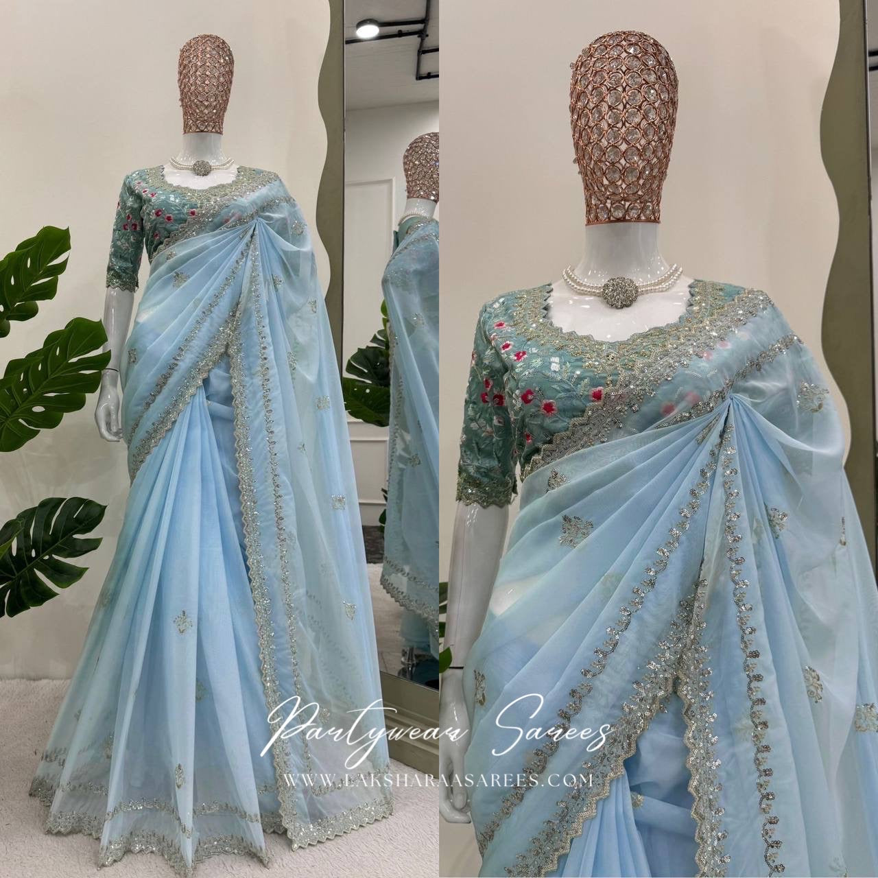 BHUVA - Baby Blue Georgette Silk Saree x designer blouse