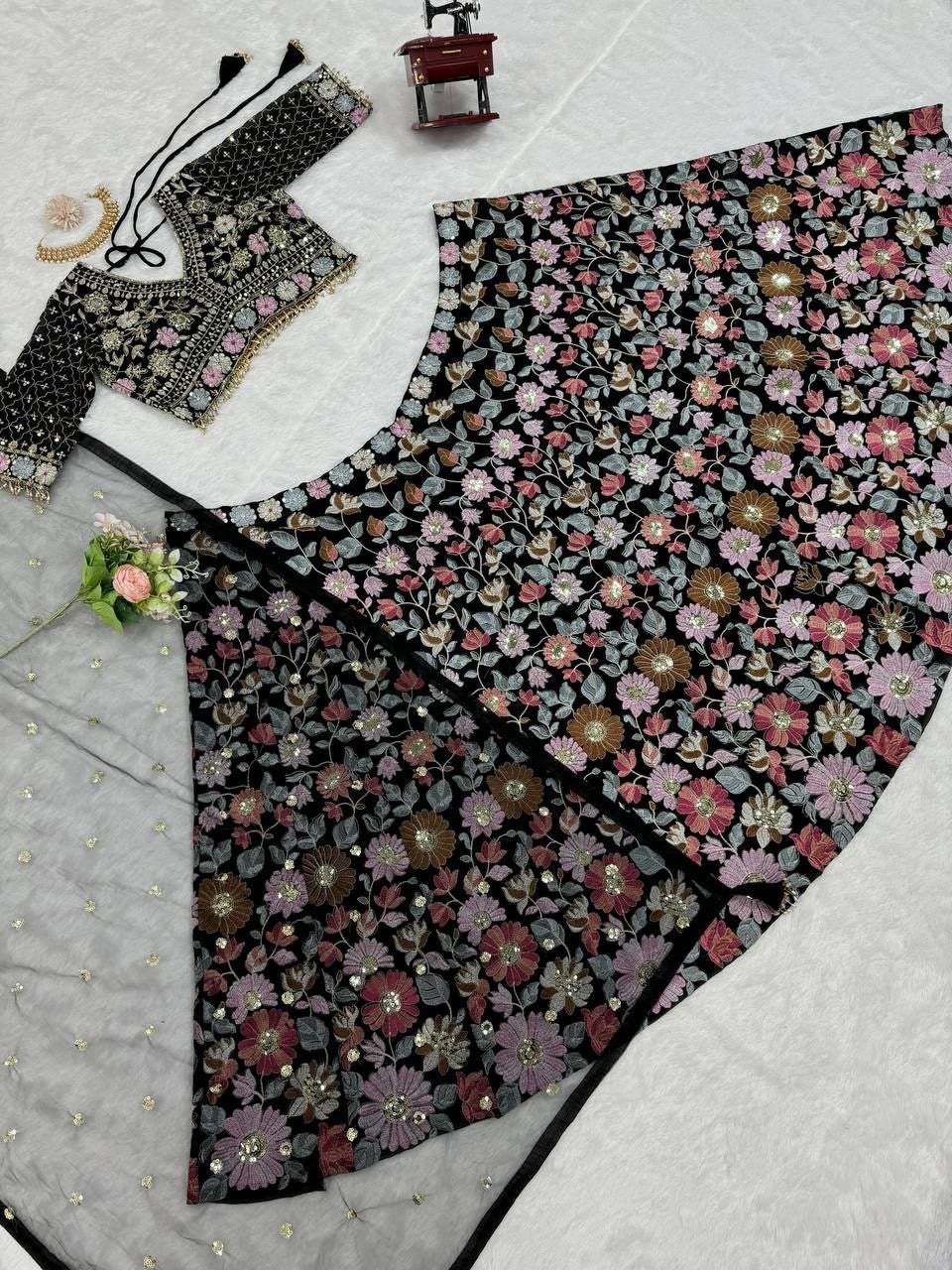 KIRAN - Black Floral Georgette Lehenga