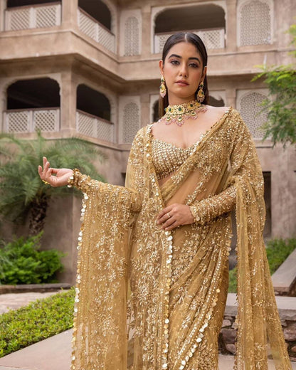 SOPHIA - Gold Partywear Sequinned Saree