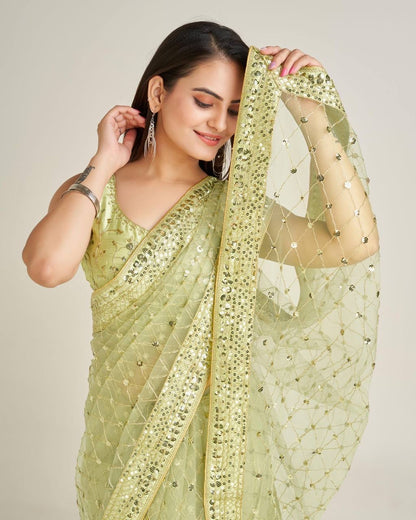 Green x Gold Partywear Net Sequinned Saree