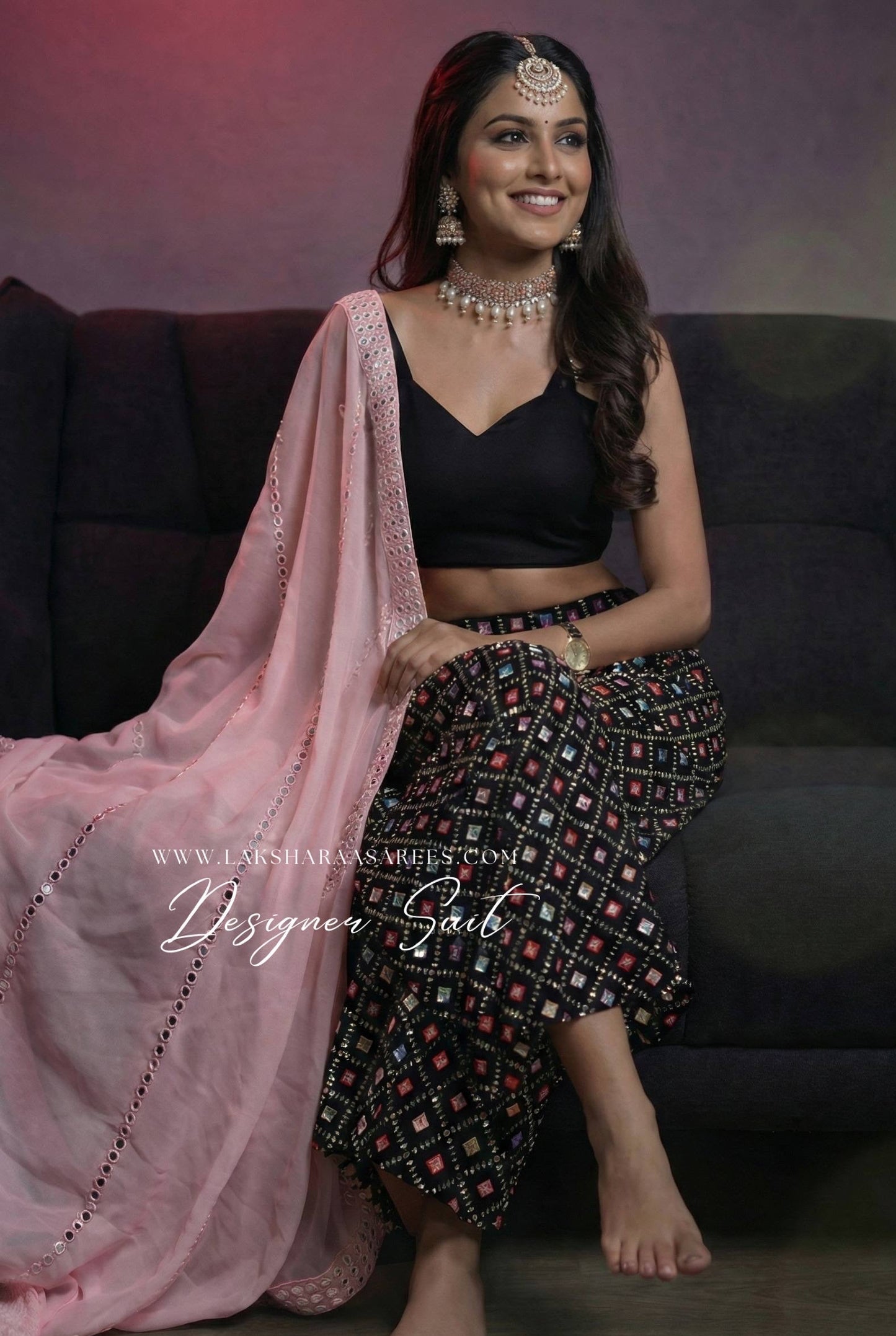 KESHI — Black x Pink Crop Top Pallazo Suit - Laksharaa Sarees