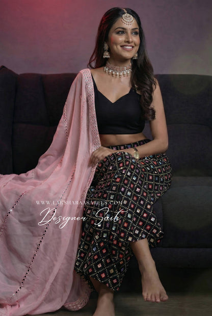 KESHI — Black x Pink Crop Top Pallazo Suit - Laksharaa Sarees
