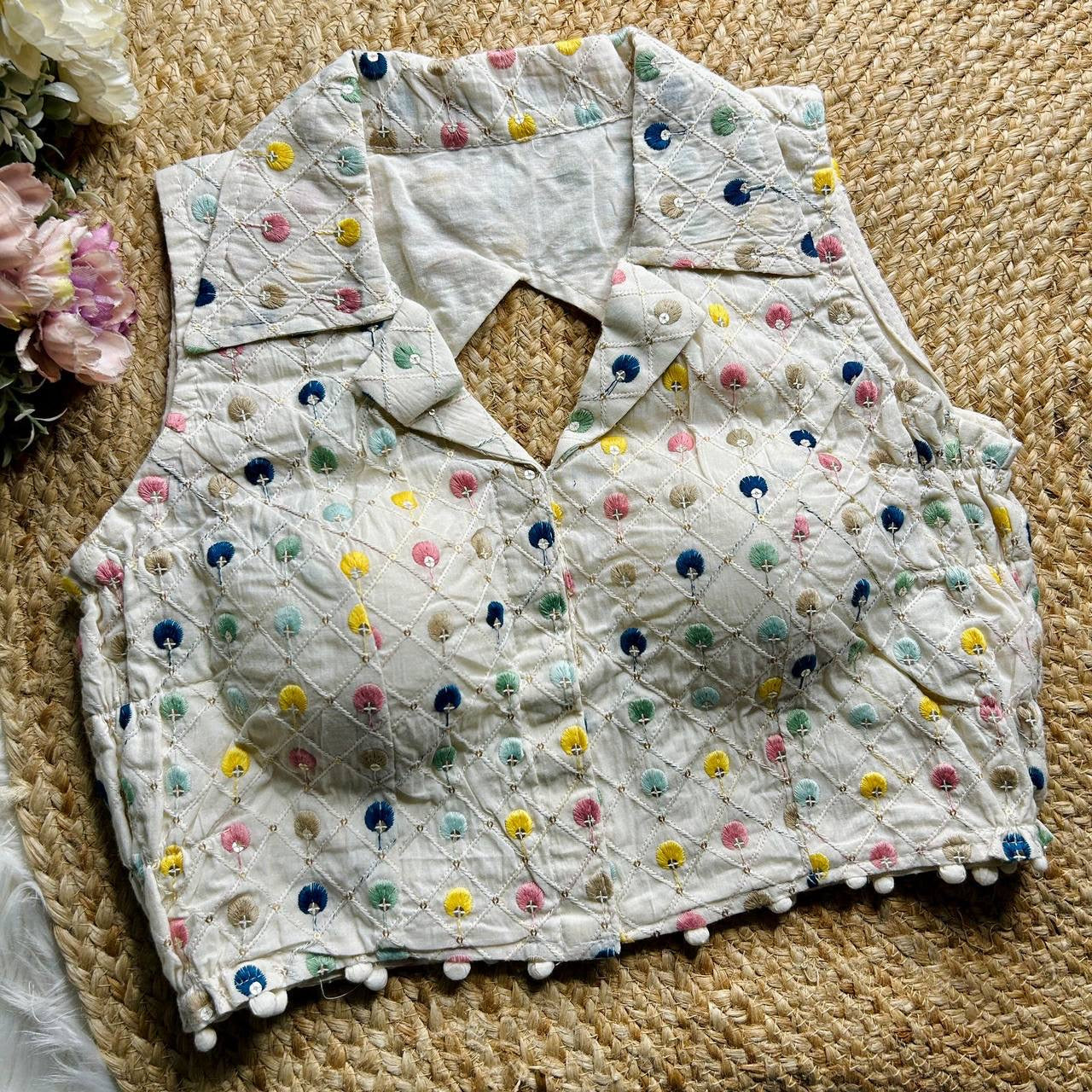 Cute Khadi Cotton High Neck Readymade Blouse x Pom Pom