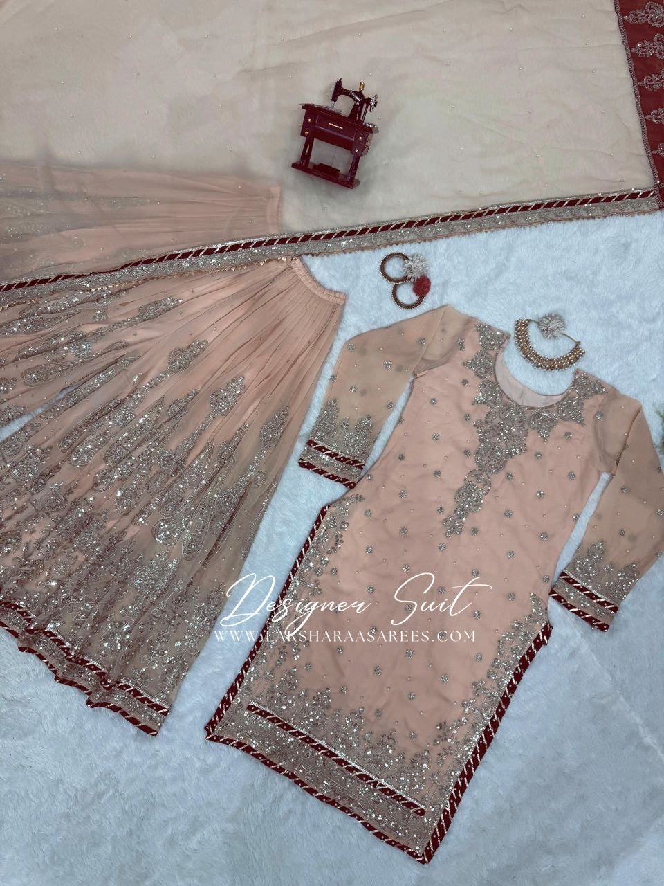 MAVISHA — Peach x Maroon Premium Pallazo Designer Suit