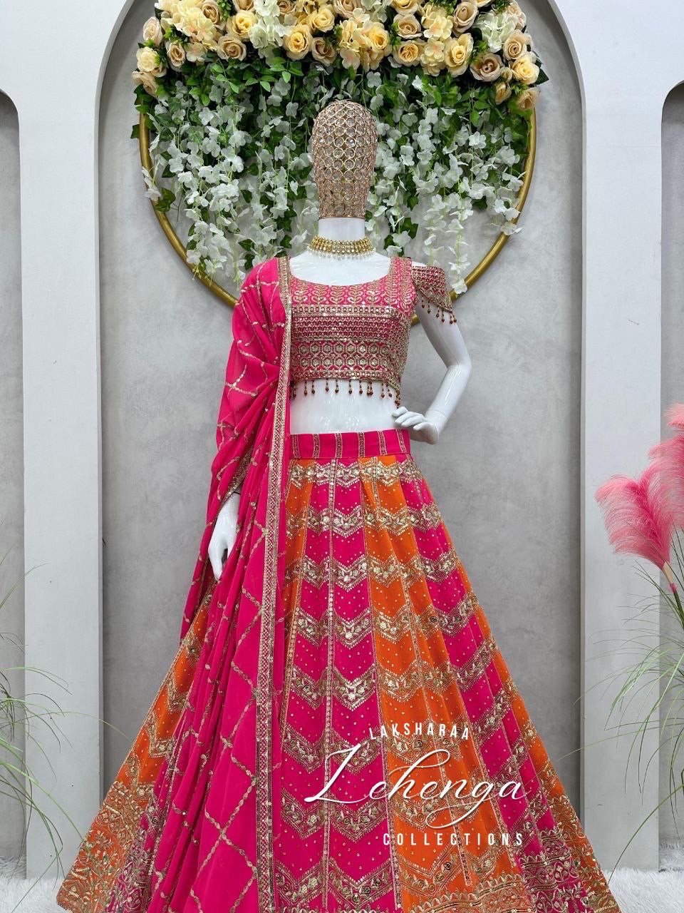 JUHI - Pink x Orange Multi Coloured lehenga