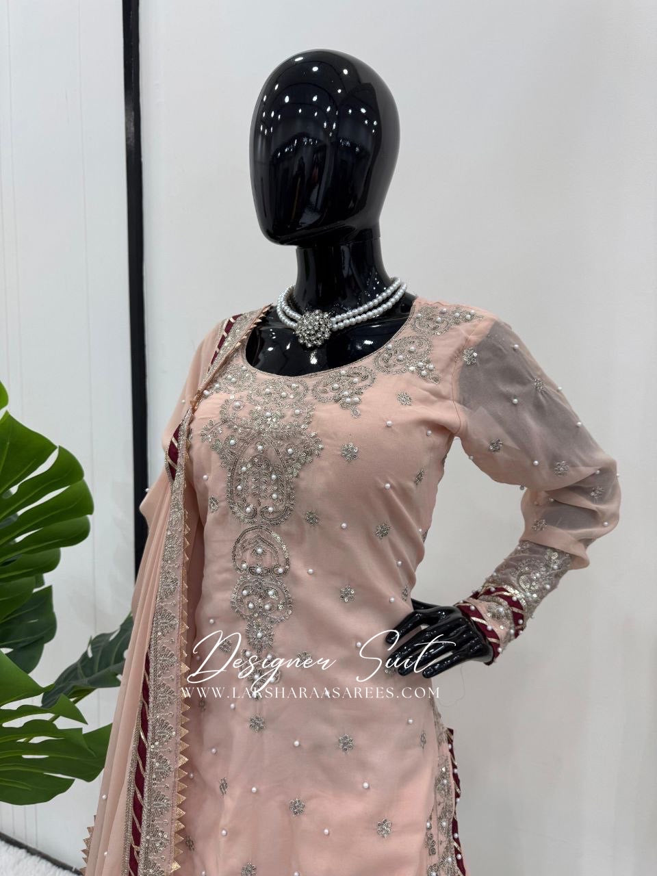 MAVISHA — Peach x Maroon Premium Pallazo Designer Suit