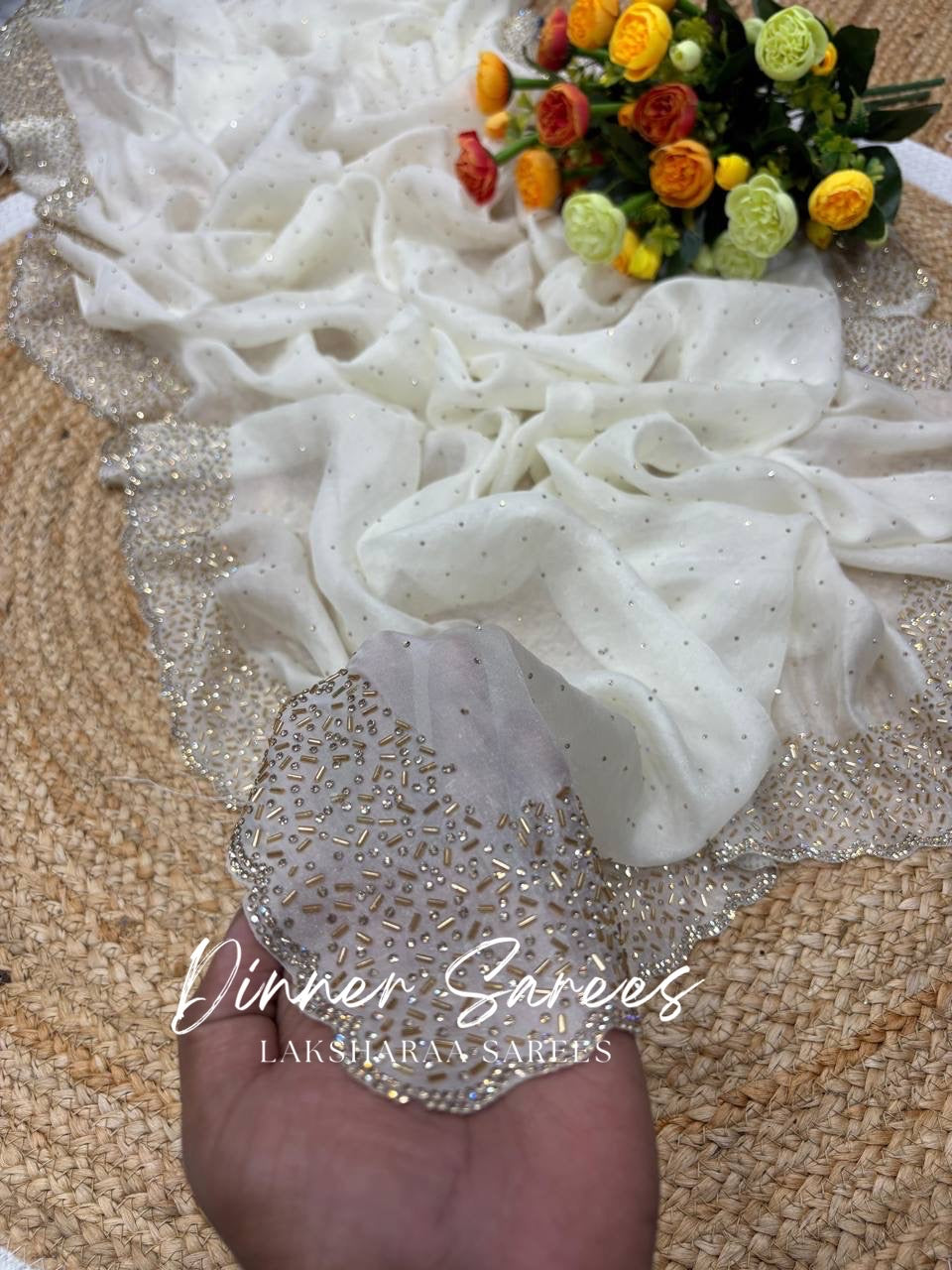 NAYLAA - Space dinner saree with stone border