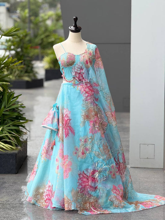 Laksharaa Sarees DIANA - Sky Blue Corset Style Partywear Lehenga Sky Blue Front View on Mannequin