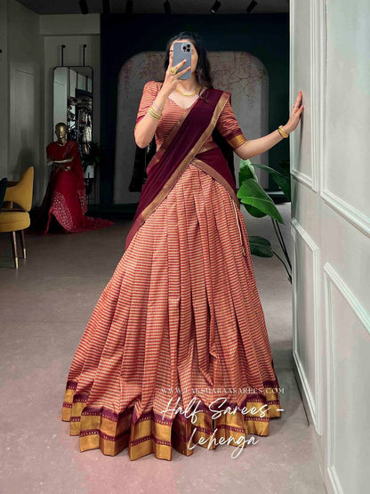 Laksharaa Sarees VENBA South Special Kanchi Cotton Half Saree Lehenga Burgundy and Cream Full Length Front View