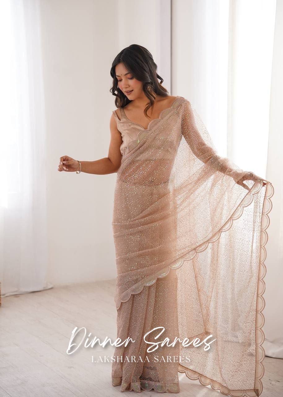 Laksharaa Sarees YASHVI - Partywear Net Georgette Saree Champagne on Model Front View
