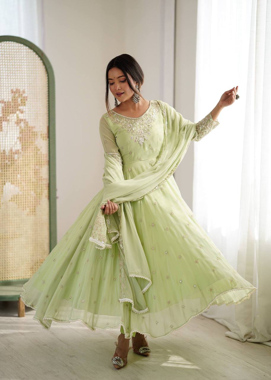 Laksharaa Sarees MYRA — Georgette Anarkali Suit Sage Green Front View
