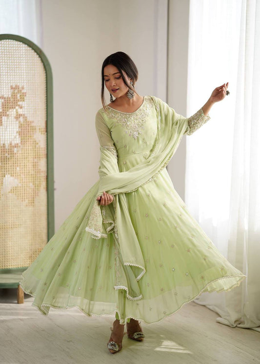 Laksharaa Sarees MYRA — Georgette Anarkali Suit Sage Green Front View